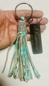 Raviani Turquoise Laredo Embossed Leather  Fringe Keychain W/clear Crystal Mesh - Picture 1 of 2