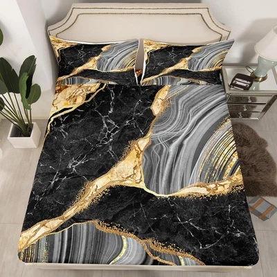 Black Marble Fitted Sheet Gold Metallic Marble Design Bedding Set Abstract Ma... - Image 1 of 4