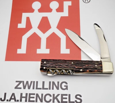 Vintage JA HENCKELS Germany Large Lockback Hunting Knife - Stag Handles - MINT - Image 1 of 4