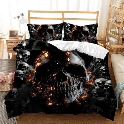Juego de funda nórdica calavera para niños tamaño king, gris esqueleto calavera de fuego ropa de cama gótica S... Foto 1 de 4