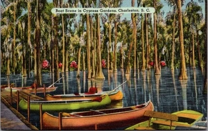 BOAT SCENE Cypress Gardens CHARLESTON, South Carolina SC linen Postcard - Picture 1 of 2