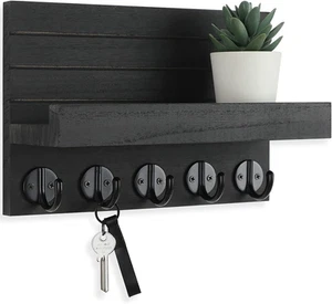 Wall-Mounted Key and Mail Holder with Shelf and Large Hooks, Paulownia Wood - Picture 1 of 9