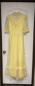 JC Penny 70’s Yellow Floral Lace Prom Prairie Victorian Ruffle Dress Sz 11/12 - Picture 1 of 15