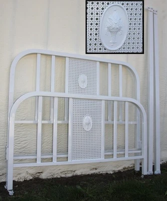 Antique 1920s White Iron Bed Cane Lattice Panels Basket Floral Medallions wRails - Image 1 of 4