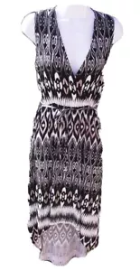 DONNA RICCO BLACK MULTI TRIBAL CASUAL SLEEVELESS RAYON HIGH LOW SUNDRESS S NEW - Picture 1 of 3