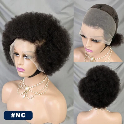 Peluca frontal de encaje rizada negra 13X4 cabello humano afro bob pelucas naturales línea del cabello Foto 1 de 4