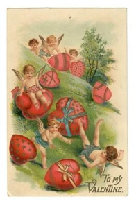 Vintage Valentine Postcard Hearts and Cherubs Tumbling Down Hill - Bild 1 von 2