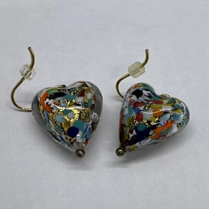 Murano Glass HEART EARRINGS Gold Foil Bronze Italy - Picture 1 of 3