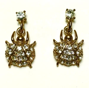 Vintage Crystal Beetle Bug Ladybug Earrings Gold Plated Sparkly Insect - Picture 1 of 10