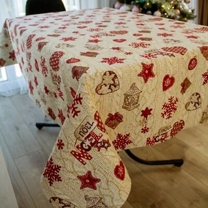 Mantel de tela de Navidad beige copo de nieve vacaciones corazones rojos tapiz Navidad - Imagen 1 de 8