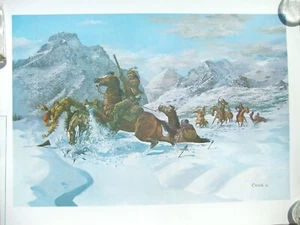 1968 Artist Don Crook Print Western Indian Attack on Horseback Winter Snow Scene - Picture 1 of 13