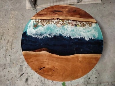 Handmade Custom Order Blue Ocean Wave Themed Epoxy Coffee Table Walnut Resin Top - Image 1 of 4