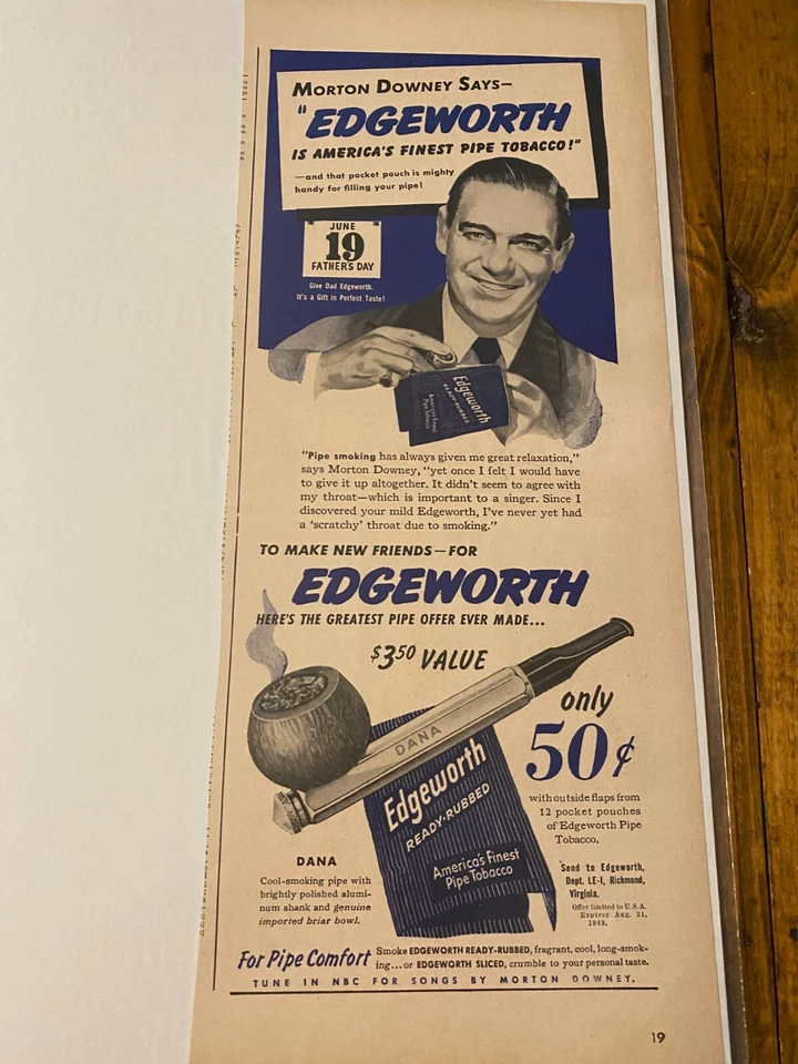 Anuncio de tabaco pipa Morton Downey Edgeworth 1949 vintage Foto 1 de 1