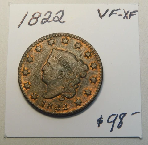 1822 V.F. - X.F CORONET HEAD LARGE CENT !!!!!!!!- GREAT DETAIL - OLD CLEANING ⭐⭐ Cover
