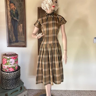 Vintage 1950s Rockabilly Good Girl Plaid Full Skirt Day Dress Betty Barclay S/M - Image 1 of 4