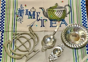 TIME FOR TEA 6 PIECE TABLESCAPE 2Tea Strainers Teapot Trivet Towel Small Dish SP - Picture 1 of 5