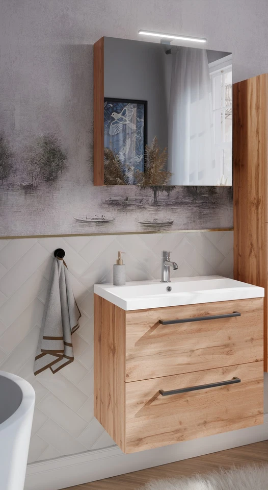 Badmöbel Set mit Waschbecken Keramik ASTER 60cm EICHE LED SOFTCLOSE - Bild 1 von 1