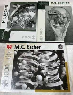 LOT of 3! Pomegranate ArtPiece M C Escher 1000 Pc Puzzles, Reptiles Sphere Union - Image 1 of 4