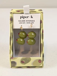 PIPER K Martini Olive Dangle Drop Glass Stone Earrings NEW Olives Gem Viral Gold - Picture 1 of 4