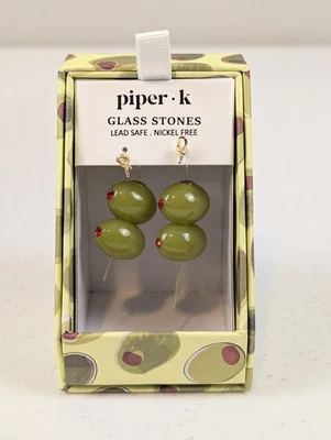PIPER K Martini Olive Dangle Drop Glass Stone Earrings NEW Olives Gem Viral Gold - Image 1 of 4