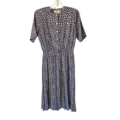 Orvis Womens Pleated Tan Floral Print Button Collared Midi 10 P House Dress - Image 1 of 4