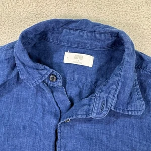 Uniqlo Linen Button Up Shirt Long Sleeve Casual Blue Mens Medium Preppy Flex EUC - Picture 1 of 7