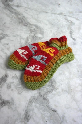 Red, Brown and Green colors Hot waves pattern woolen hand knitted ankle socks - Image 1 of 4