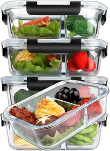 Glass Meal Prep Containers 2 Compartments Portion Control with Upgraded Snap Loc - Picture 1 of 8