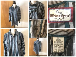 Silver Spur Men XL 17-17.5 Vtg Long Sleeve Western Snap Black Gray Green Stripe - Picture 1 of 10