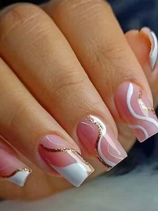 24pcs Long Square White Color Block Line Glitter Powder Striped Fake Nail - Picture 1 of 6