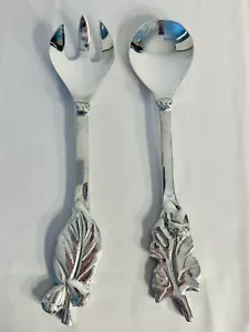 2 Piece Silver Plate Salad Utensil Set Spoon Fork Serving Set Mexico Acorn Fall - Picture 1 of 9