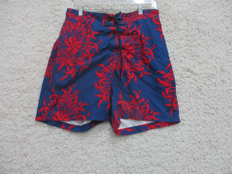 Bermuda de natação masculina média adulto azul vermelho floral bolsos M - Imagem 1 de 4