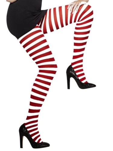 New Adults Red & White Stripe Opaque Tights Fancy Dress Halloween Xmas Costume