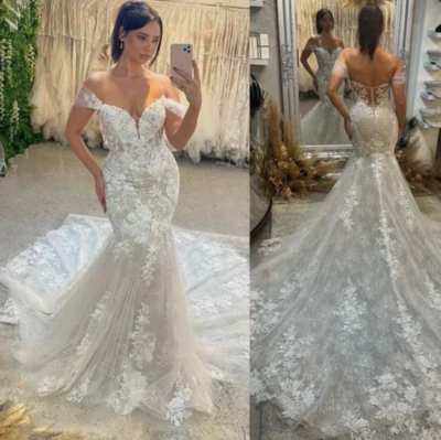 Luxury Off Shoulder Mermaid Wedding Dress Lace Appliques Train Plus Size Bridal - Image 1 of 4