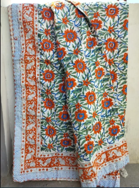 Hand Block Print Kantha Quilt Cotton Blanket Throw Indian Bedspread KIng Size - Image 1 of 2