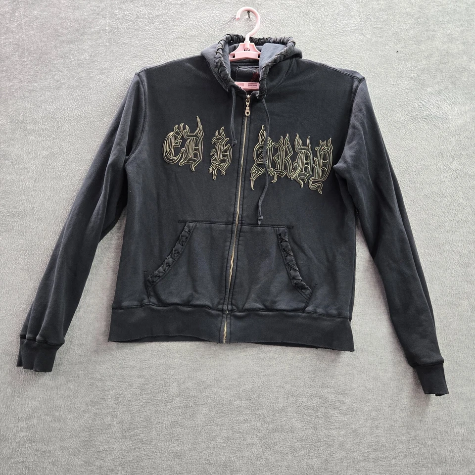 Ed Hardy Mujer Sudadera Grande Negra Sudadera con Capucha Calavera Floral Y2K Bolsillos con Cremallera Completa Foto 1 de 4