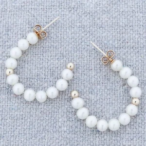 Vintage 14k Yellow Gold Pearl Beaded Strung Strand Hoop Earrings 23mm 2.6 grams - Picture 1 of 5