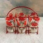 Hazel Atlas - 6 Vintage Red Rose White Picket Fence Glasses with Red Caddy
