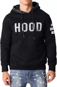 Men's Pullover Fleece Hooded Sweatshirt W/ Pockets & Pleather Accents Black SZ L - Picture 1 of 9