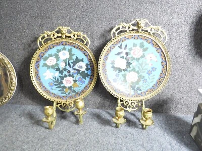 Raro par de apliques antiguos de bronce y cloisonne Foto 1 de 4