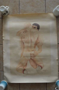 Vintage Nude Gay Men Romance Art Print 1984 Signed Bruffet Gym Socks - Picture 1 of 10