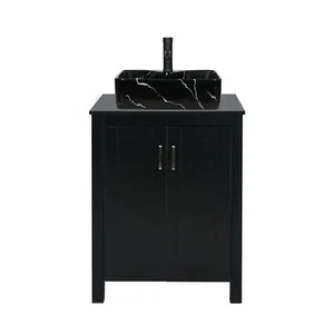 24" Bathroom Vanity Single Cabinet with Marble Vessel Sink Black Faucet & Drain - Picture 1 of 10