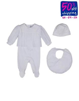 RRP€458 BABY DIOR Babygrow Beanie & Bib Set Size 1M White Embroidered Ruffle - Image 1 of 4