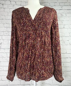 Lucky Brand Boho Paisley Bauern Bluse Damen M Burgund Langarm Oberteil - Bild 1 von 11