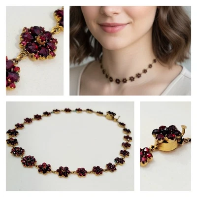 Antiguo Collar Gargantilla Victoriano Bohemio Moroon Corte Rosa Roja Granate Tono Dorado Foto 1 de 4