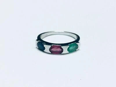 Anello In Argento Con Pietre Multicolori Zaffiro Blu Rubino Smeraldo - Immagine 1 di 3