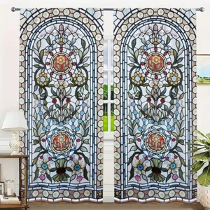 2Pcs Stained Glass Curtains Floral Arch Pattern Print Living Room Bedroom - Picture 1 of 44