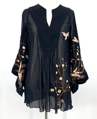 Top Express Mujer Pequeño Negro Bordado Transparente Cuello en V Pájaro Floral Oriental Boho Foto 1 de 4