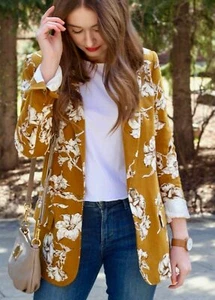 ZARA DARK MUSTARD FLORAL PRINT LINEN BLAZER JACKET SIZE XS UK 8 - Picture 1 of 14