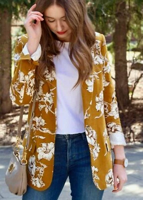 ZARA DARK MUSTARD FLORAL PRINT LINEN BLAZER JACKET SIZE XS UK 8 - Image 1 of 4